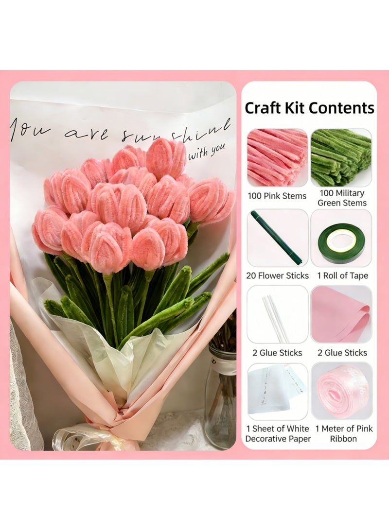 saykfoe Tulip Pipe Cleaners for Craft, 30cm Green and Pink Pipe Cleaners, Fuzzy Sticks Craft Supplies, Chenille Stems with Flower Pole, Flower Core & Gardening Tape, Arts & Crafts for DIY(16 Flowers) - Image 2